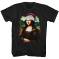 Black novelty t-shirt featuring a Mona Lisa in Santa hat design