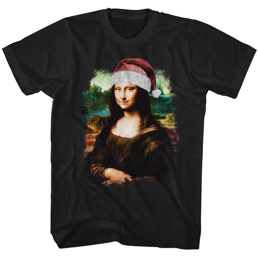 Black novelty t-shirt featuring a Mona Lisa in Santa hat design