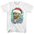 White novelty t-shirt featuring a Van Gogh in Santa hat design