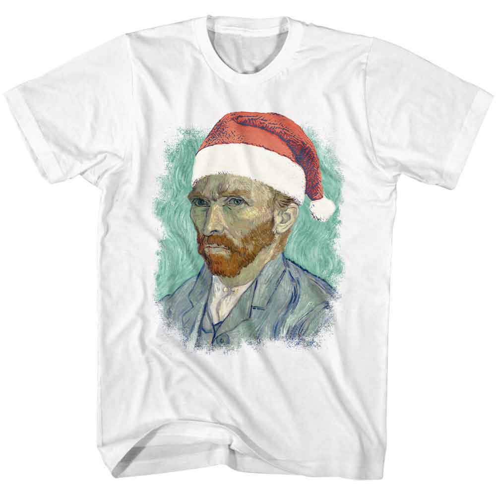 White novelty t-shirt featuring a Van Gogh in Santa hat design