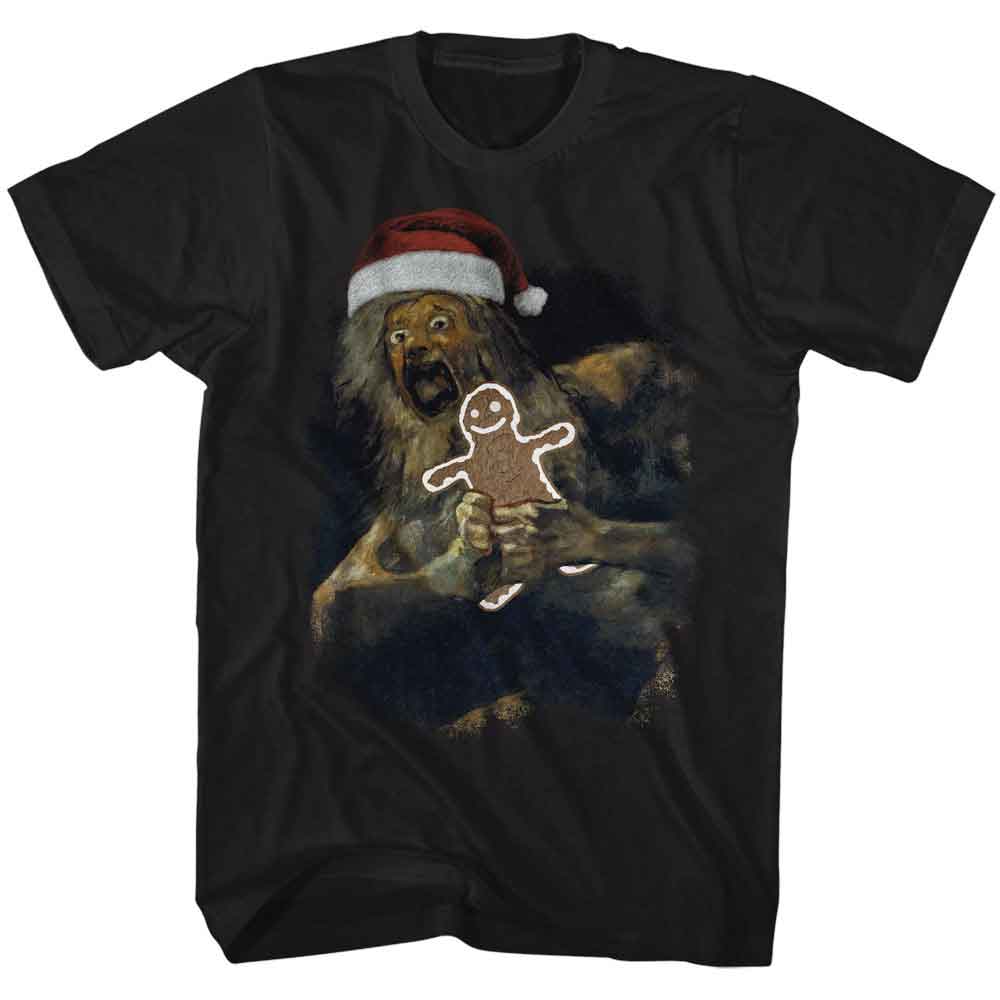 Black novelty t-shirt featuring a Saturn Eating His Cookie design