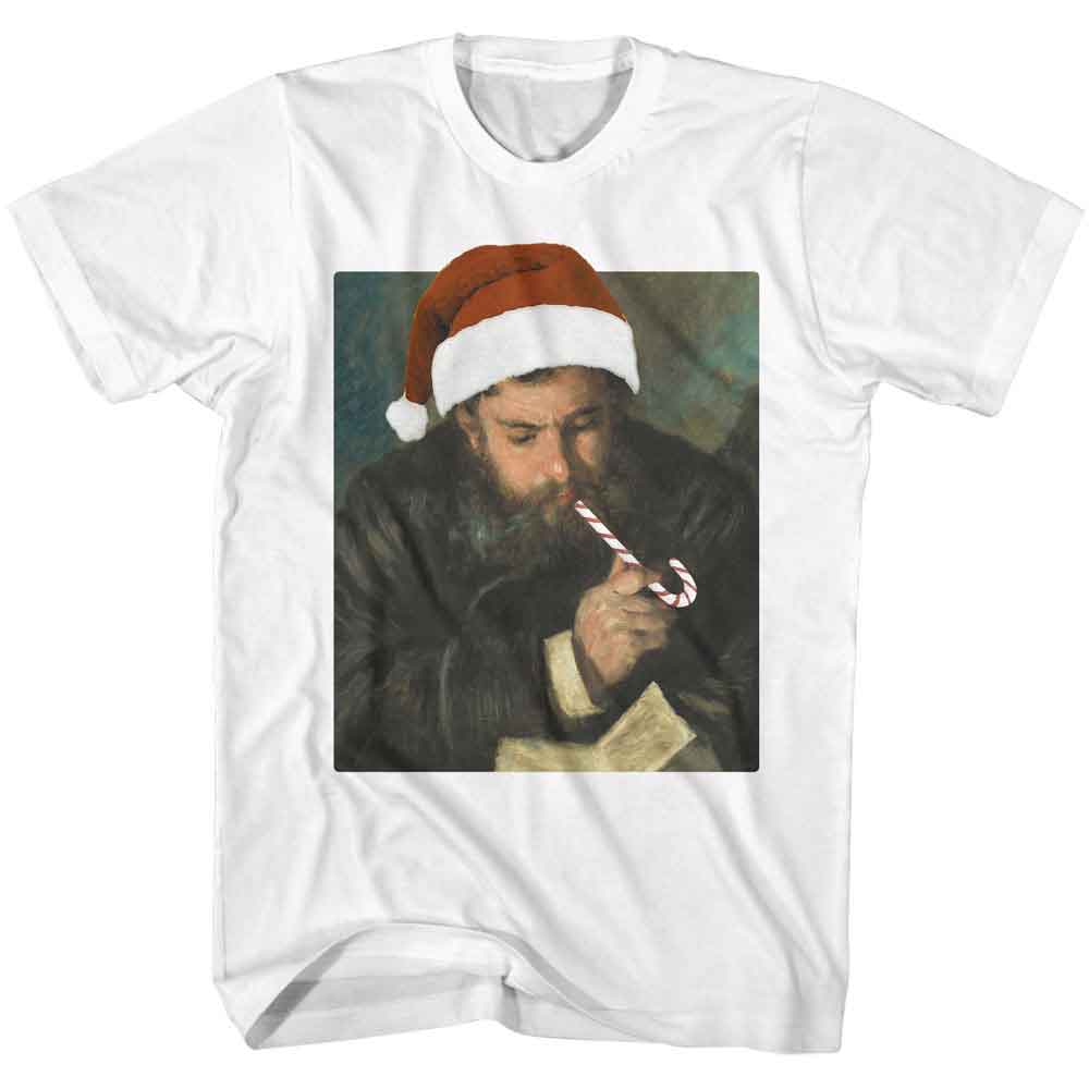 White novelty t-shirt featuring a Monet by Renoir in Santa hat design