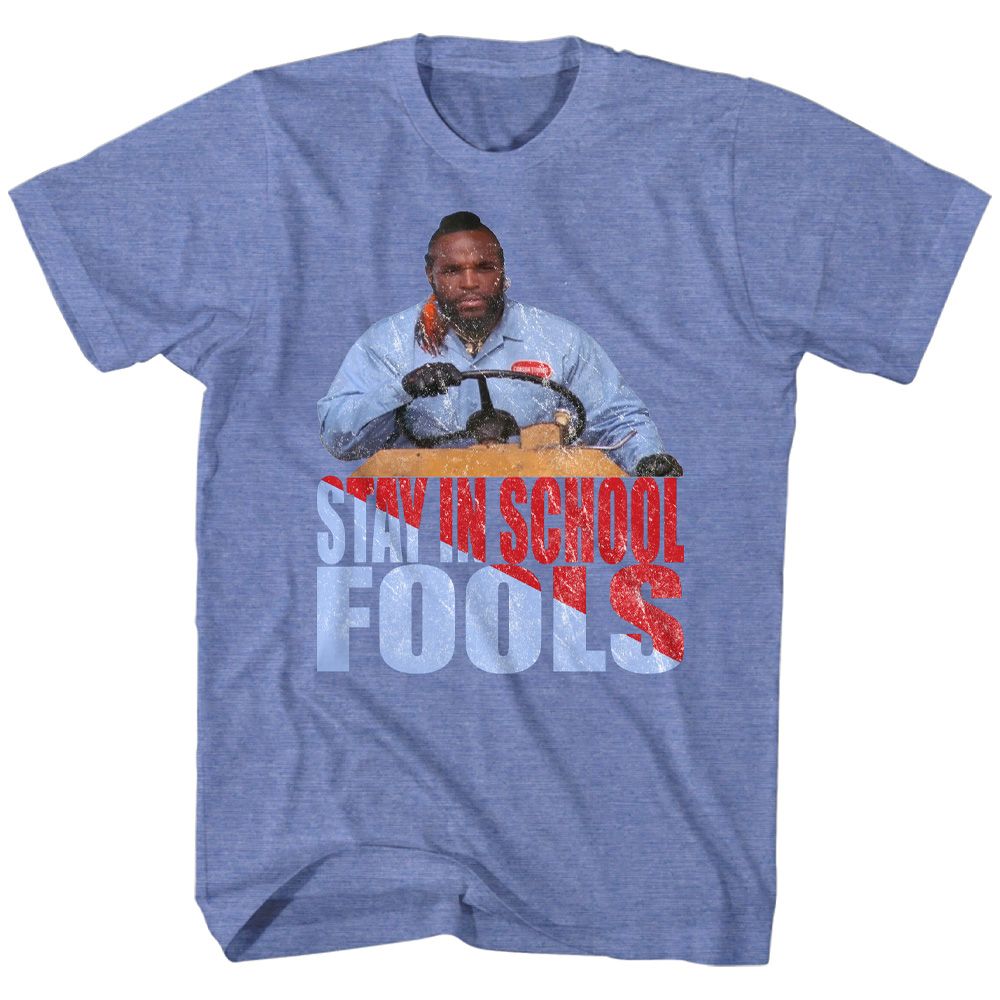 Light blue heather Mr. T t-shirt featuring Mr. T Stay In School PSA design