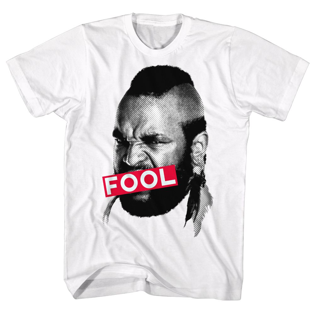 White Mr. T t-shirt featuring Mr. T Fool I Pity The Fool design