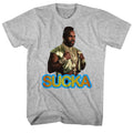 Gray heather Mr. T t-shirt featuring Mr. T Sucka catchphrase design