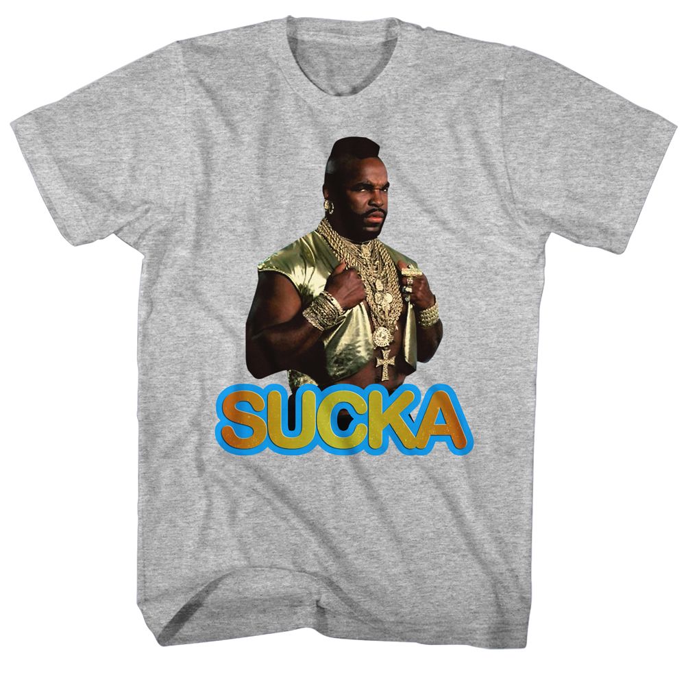 Gray heather Mr. T t-shirt featuring Mr. T Sucka catchphrase design