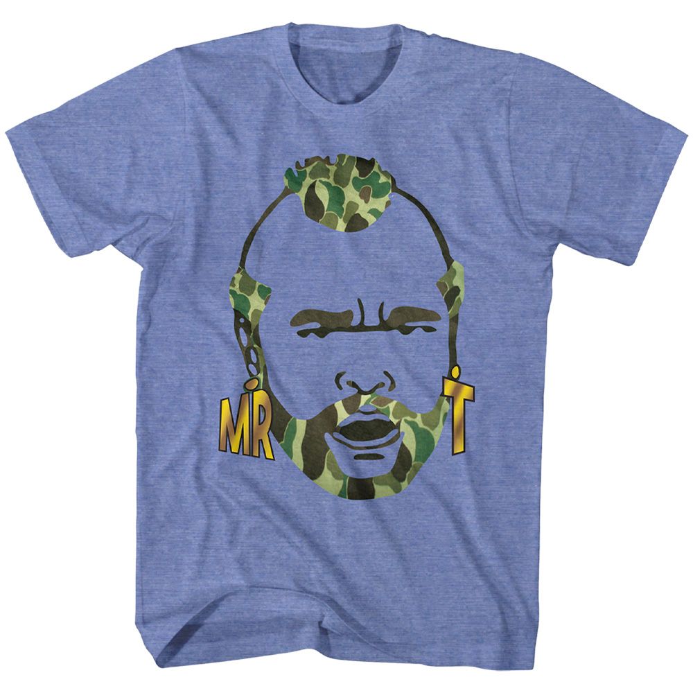 Light blue heather Mr. T t-shirt featuring Mr. T Camo Hair mohawk design