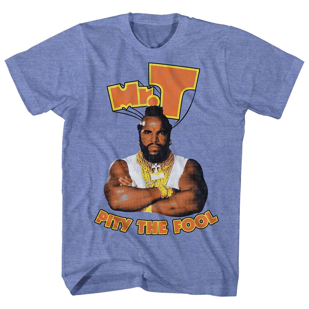 Light blue heather Mr. T t-shirt featuring Mr. T Pity The Fool catchphrase design