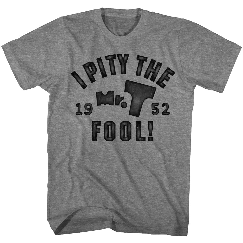 Graphite heather Mr. T t-shirt featuring Mr. T Pity The Fool Rocky III catchphrase design