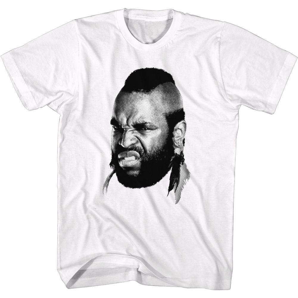 White Mr. T t-shirt featuring Mr. T head portrait design
