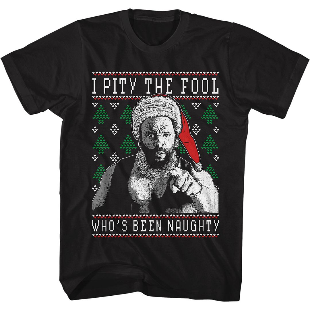 Black Mr. T t-shirt featuring Mr. T Whos Been Naughty holiday design