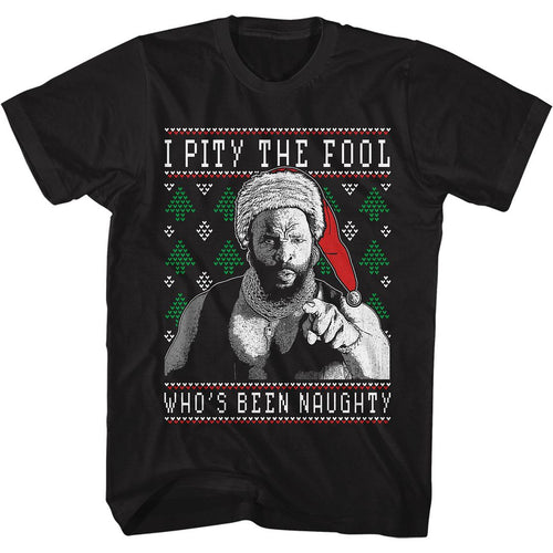 Black Mr. T t-shirt featuring Mr. T Whos Been Naughty holiday design