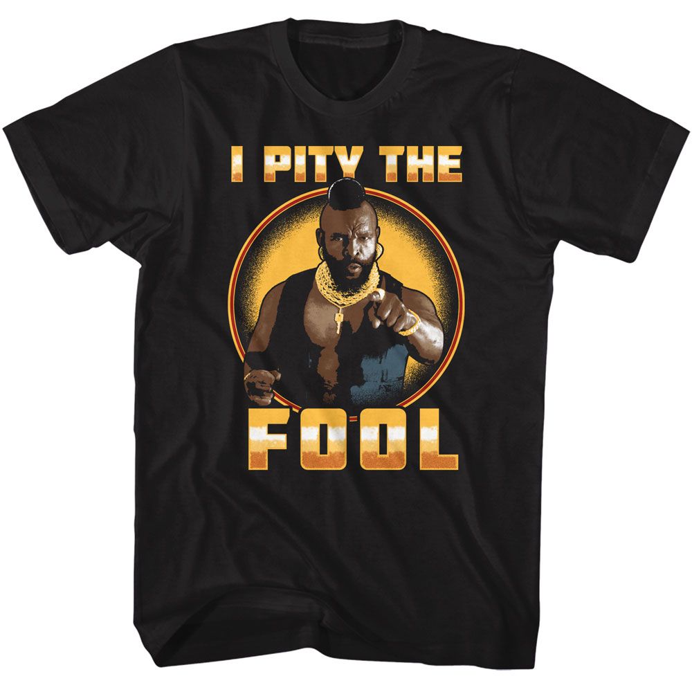 Black Mr. T t-shirt featuring Mr. T Shiny Pity Fool design