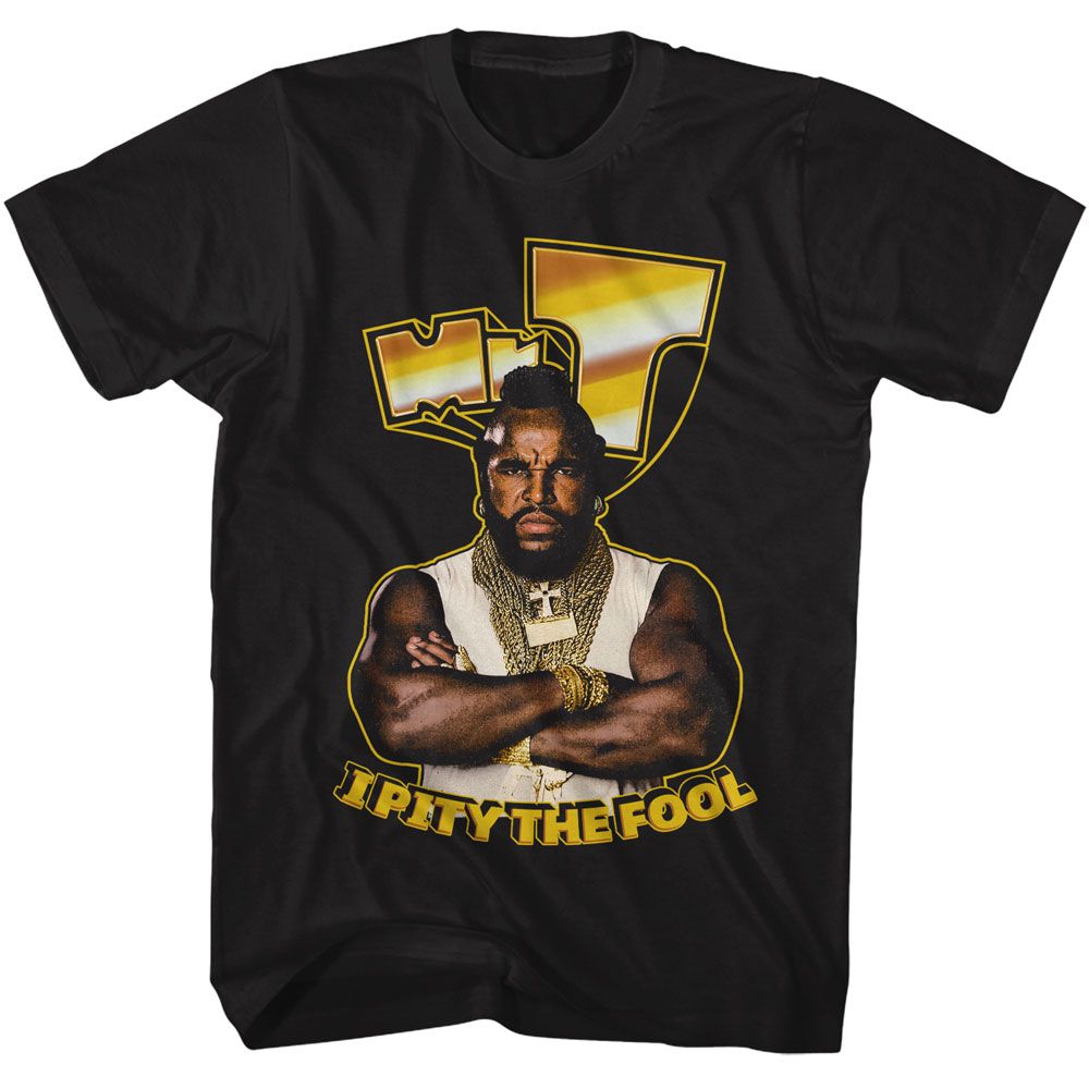 Black Mr. T t-shirt featuring Mr. T Gold Logo design