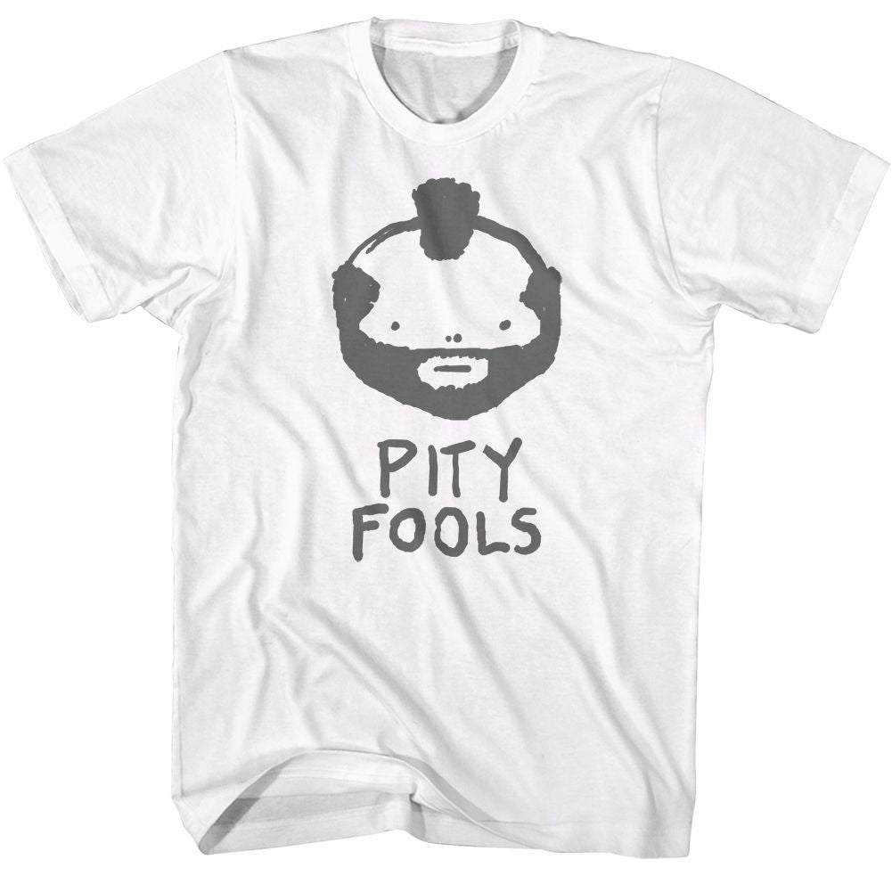 White Mr. T t-shirt featuring Mr. T Pity Fools design