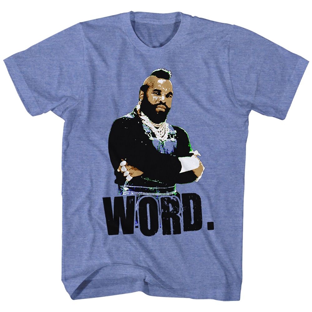 Light blue heather Mr. T t-shirt featuring Mr. T Word design
