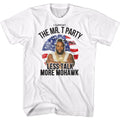 White Mr. T t-shirt featuring Mr. T Less Talk More Mohawk design