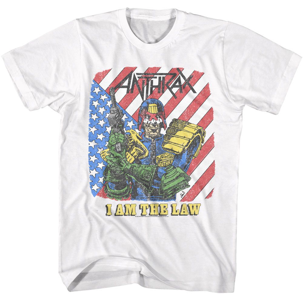 White Anthrax t-shirt featuring Anthrax I Am The Law Judge Dredd song design