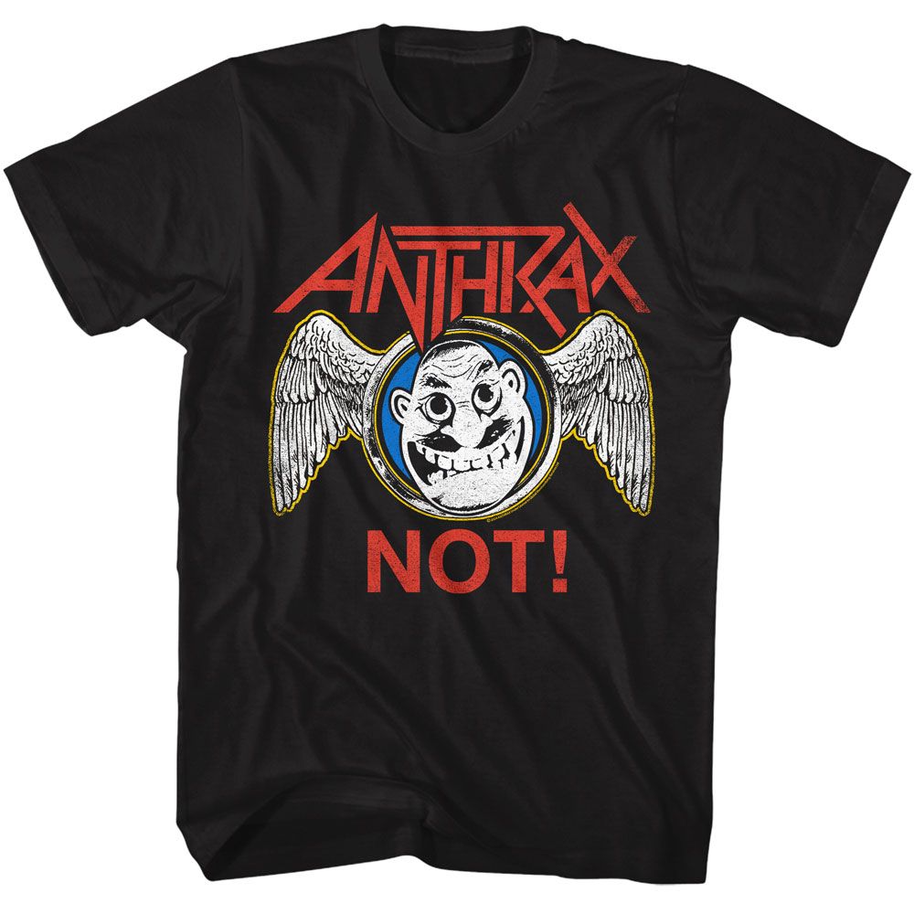 Black Anthrax t-shirt featuring Anthrax NOT Man mascot compact design