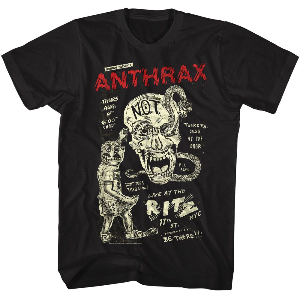 Black Anthrax t-shirt featuring Anthrax Live At The Ritz NYC venue design