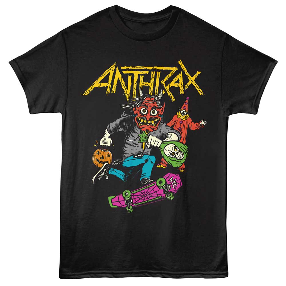 Black Anthrax t-shirt featuring Anthrax NOT Man Stealing Candy mascot design