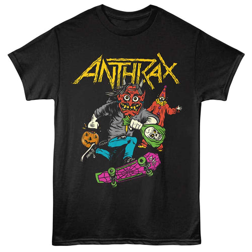 Black Anthrax t-shirt featuring Anthrax NOT Man Stealing Candy mascot design