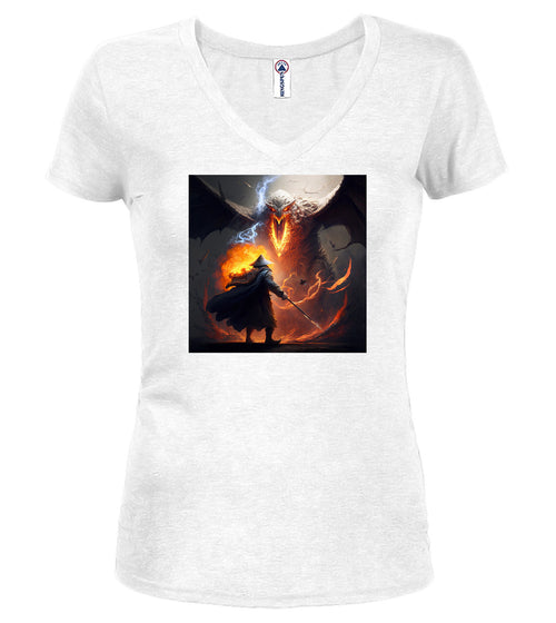 White Against the Fire Fantasy Juniors V-Neck T-Shirt