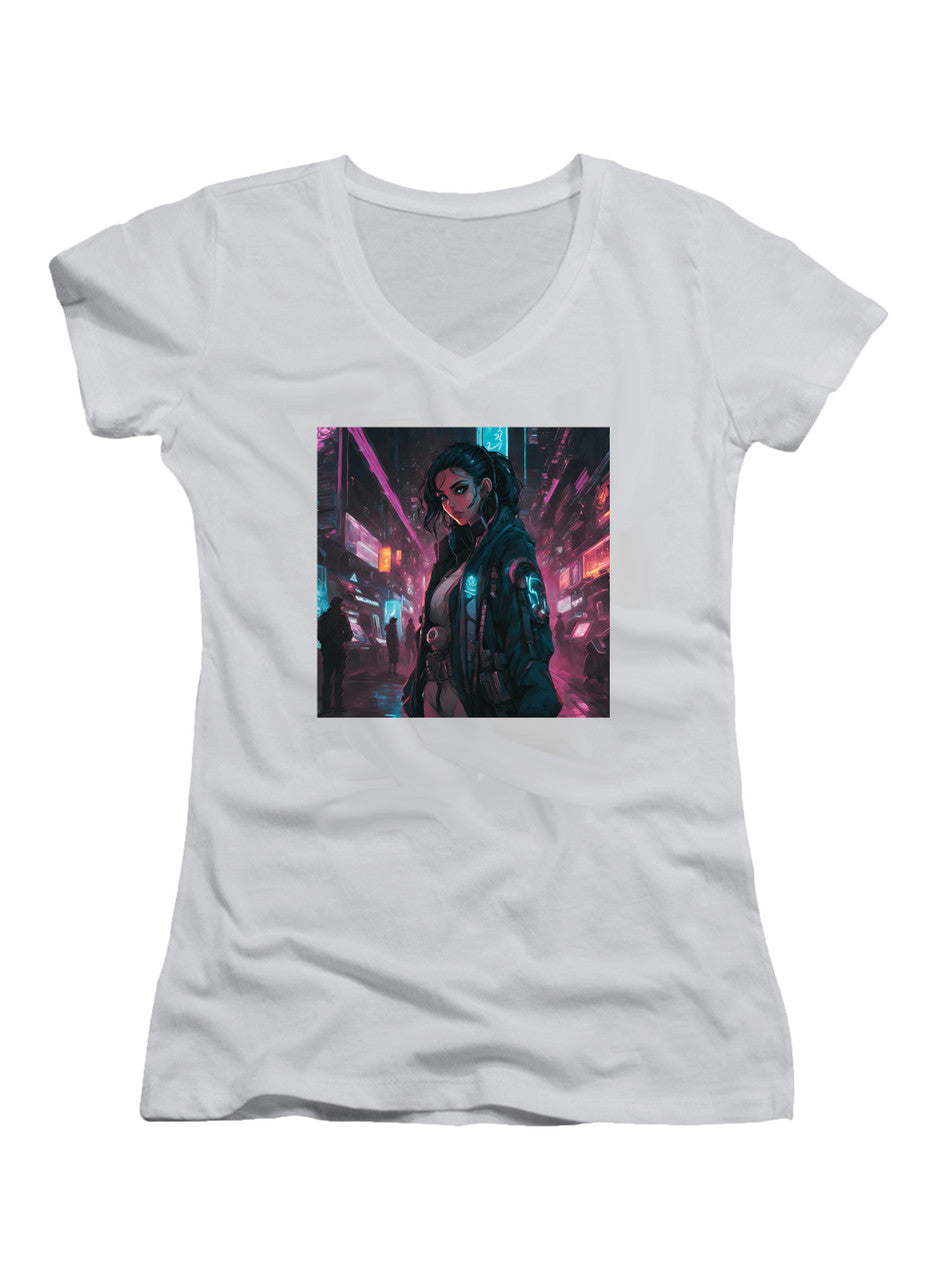 White Cyberpunk Juniors V-Neck T-Shirt
