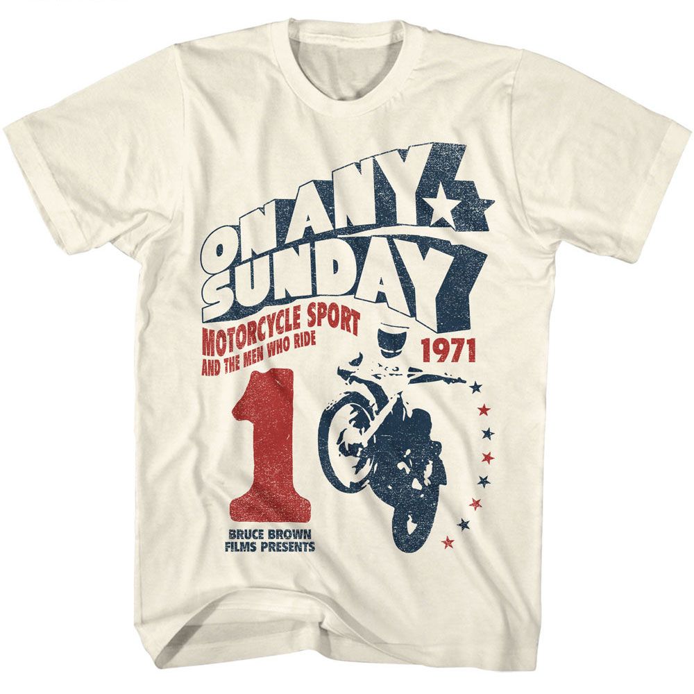 Natural Bruce Brown Films t-shirt featuring Bruce Brown On Any Sunday 1971 motorcycle film design