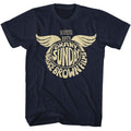 Navy Bruce Brown Films t-shirt featuring Bruce Brown On Any Sunday 1971 motorcycle film design