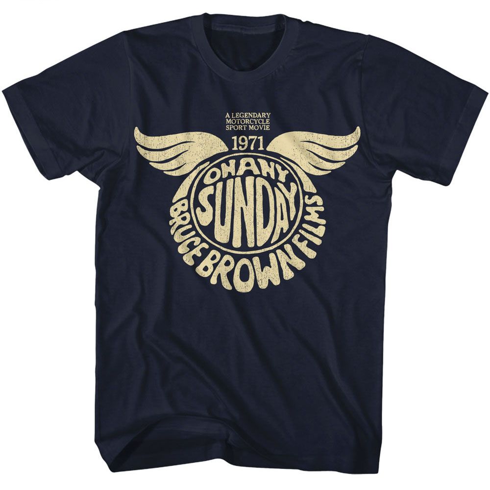 Navy Bruce Brown Films t-shirt featuring Bruce Brown On Any Sunday 1971 motorcycle film design