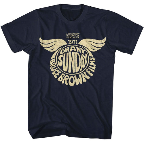 Navy Bruce Brown Films t-shirt featuring Bruce Brown On Any Sunday 1971 motorcycle film design