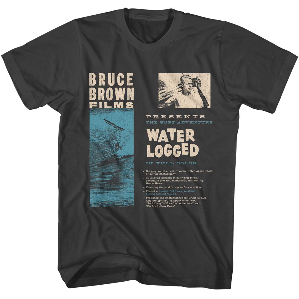 Smoke gray Bruce Brown Films t-shirt featuring Bruce Brown Water Logged surf design