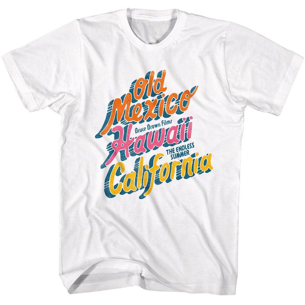 White Bruce Brown Films t-shirt featuring Bruce Brown Summer Locations Endless Summer destinations design