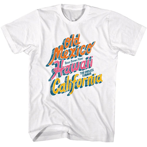 White Bruce Brown Films t-shirt featuring Bruce Brown Summer Locations Endless Summer destinations design