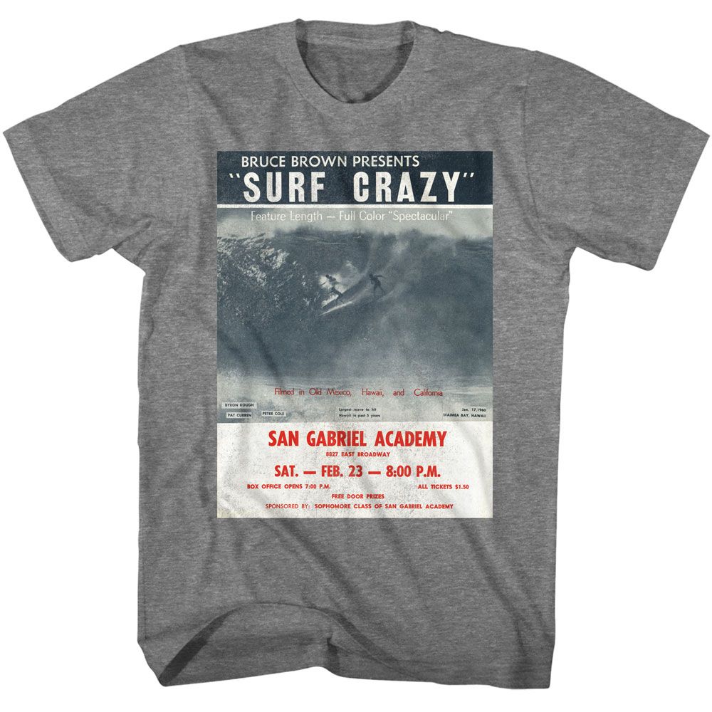 Graphite heather Bruce Brown Films t-shirt featuring Bruce Brown Surf Crazy poster design