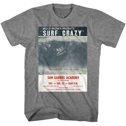 Graphite heather Bruce Brown Films t-shirt featuring Bruce Brown Surf Crazy poster design