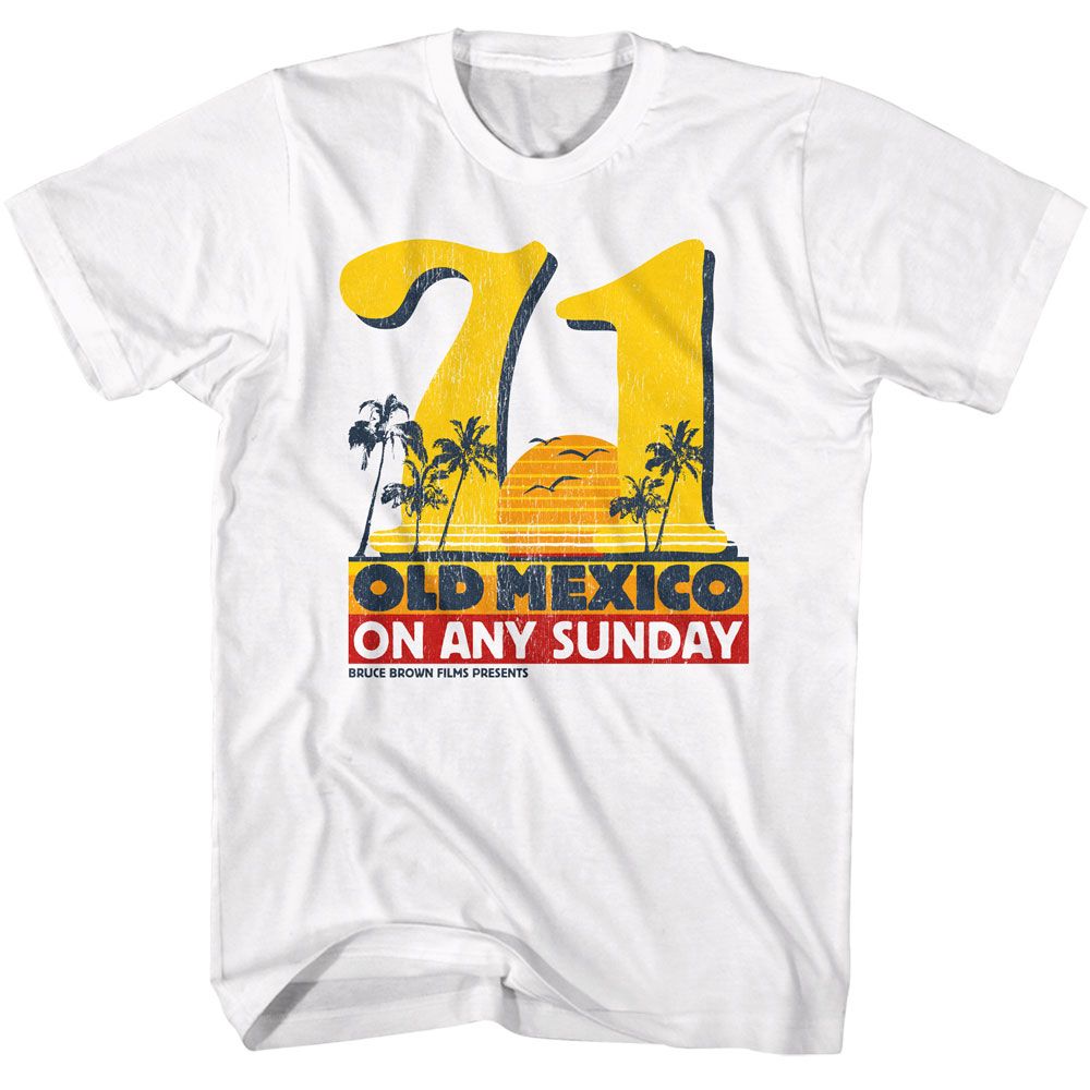 White Bruce Brown Films t-shirt featuring Bruce Brown Old Mexico surf design