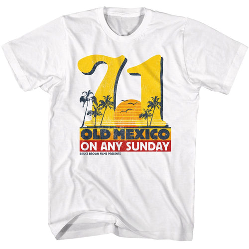 White Bruce Brown Films t-shirt featuring Bruce Brown Old Mexico surf design