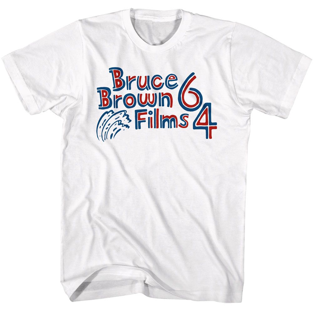 White Bruce Brown Films t-shirt featuring Bruce Brown Patriotic 64 American surf design
