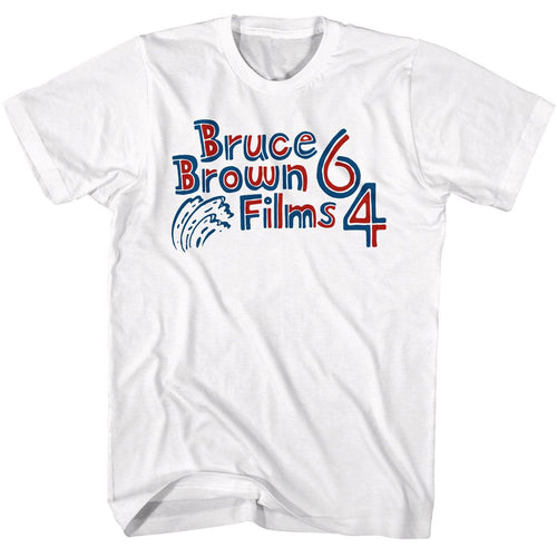 White Bruce Brown Films t-shirt featuring Bruce Brown Patriotic 64 American surf design