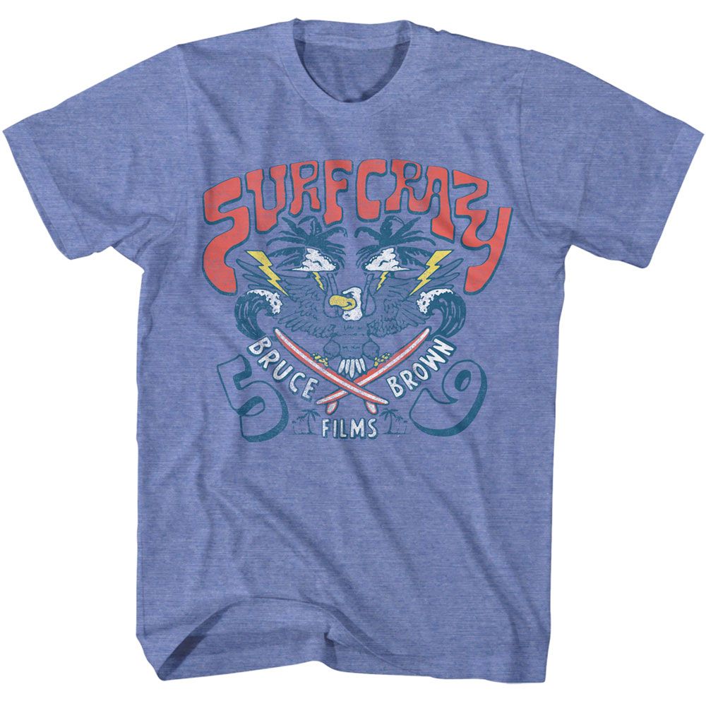 Light blue heather Bruce Brown Films t-shirt featuring Bruce Brown Surf Crazy 1959 film design
