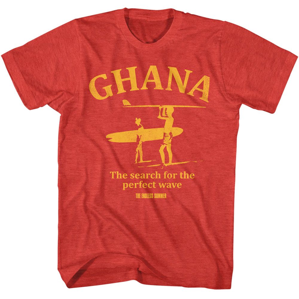 Red heather Bruce Brown Films t-shirt featuring Bruce Brown Ghana Perfect Wave Endless Summer design