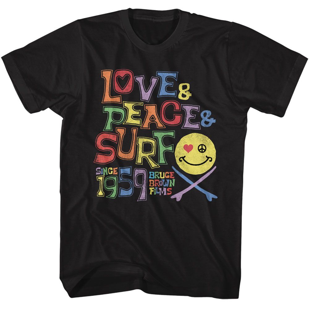 Black Bruce Brown Films t-shirt featuring Bruce Brown Love Peace And Surf design