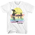 White Bruce Brown Films t-shirt featuring Bruce Brown Rainbow Color Stripes design
