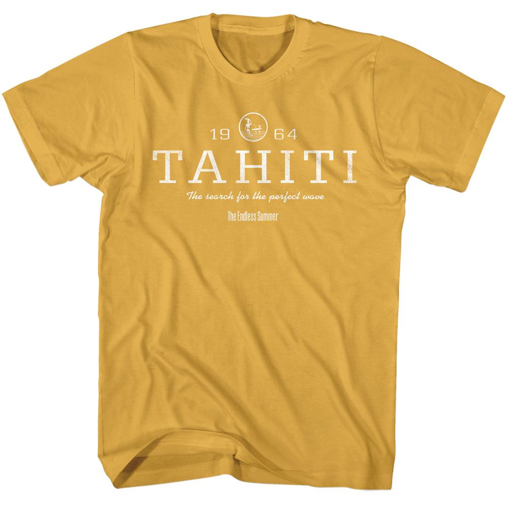 Ginger orange Bruce Brown Films t-shirt featuring Bruce Brown Tahiti Endless Summer destination design