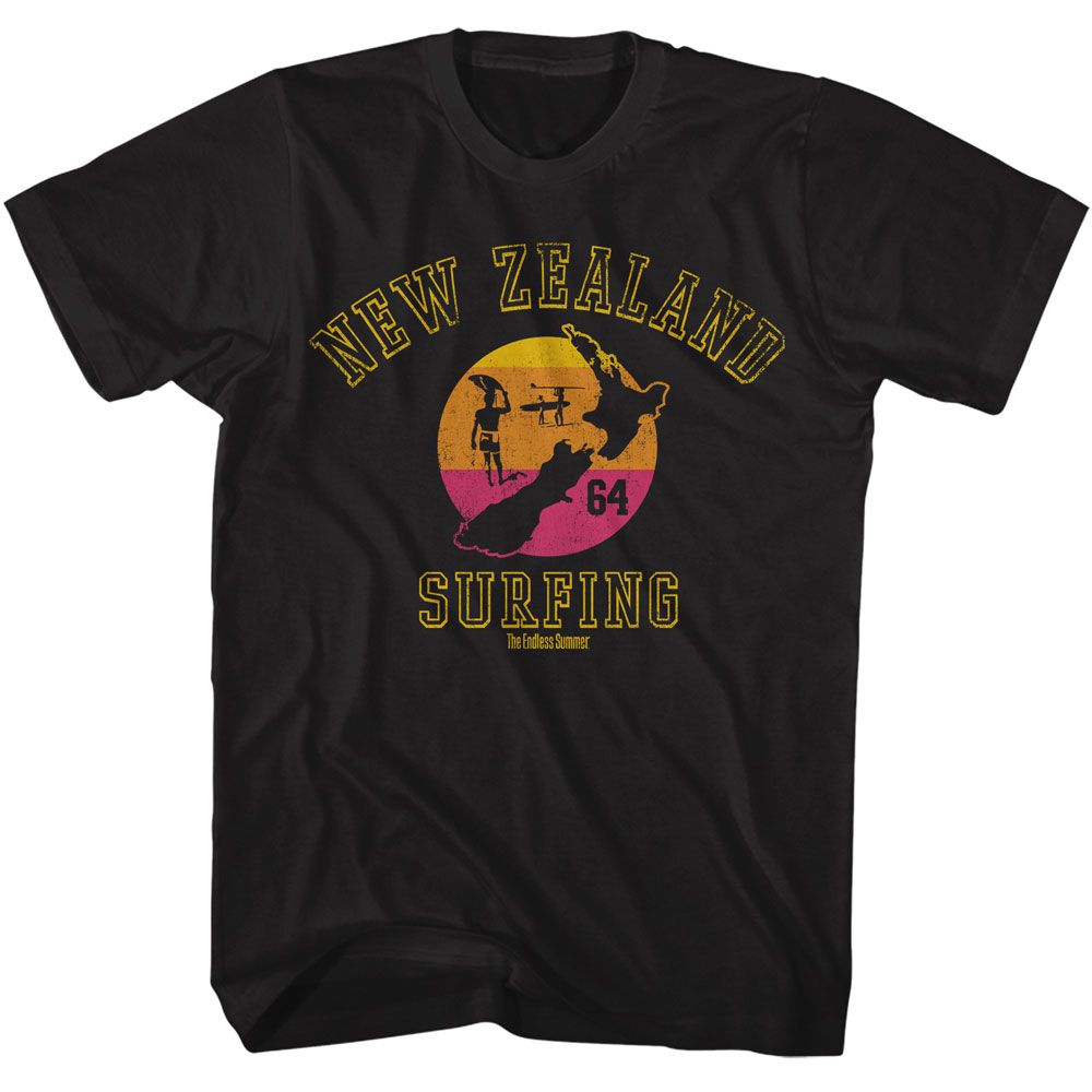 Black Bruce Brown Films t-shirt featuring Bruce Brown New Zealand Surfing Endless Summer design