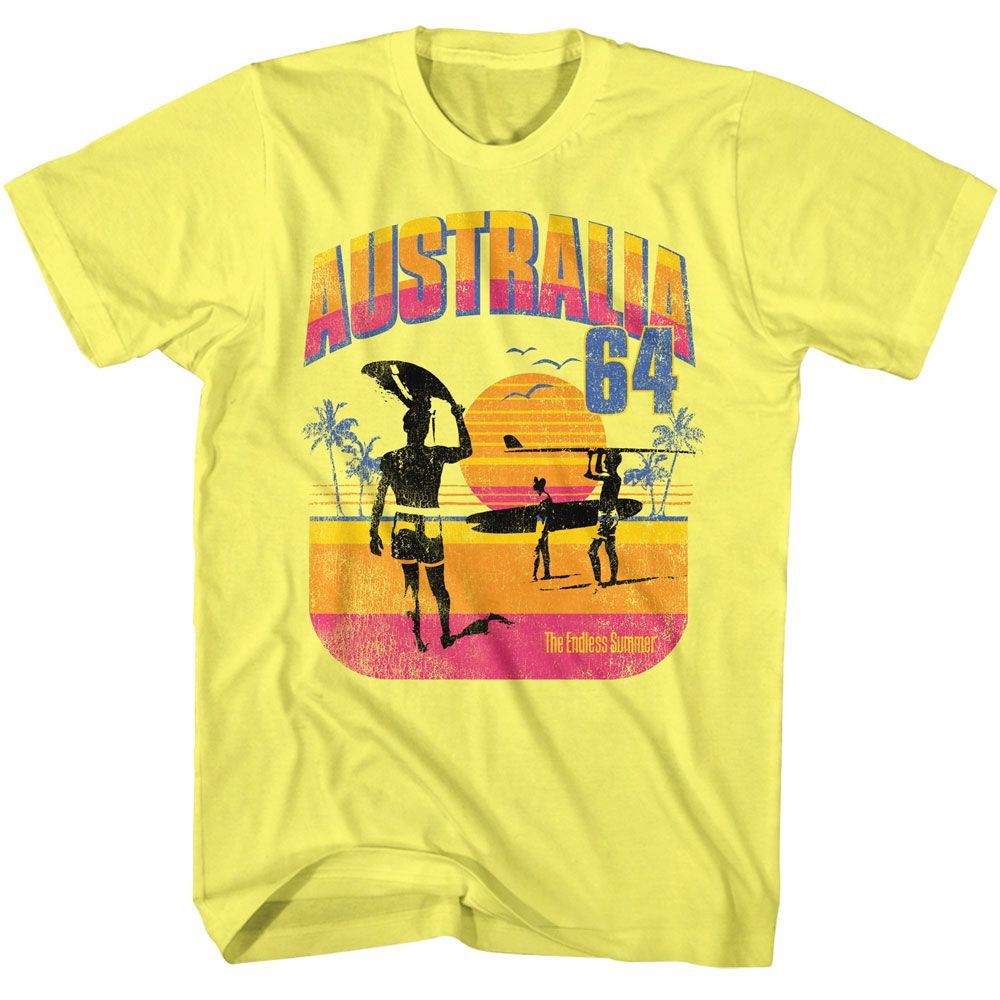 Yellow heather Bruce Brown Films t-shirt featuring Bruce Brown Australia 1964 surf design