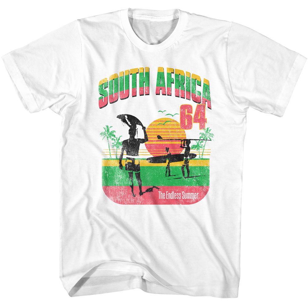 White Bruce Brown Films t-shirt featuring Bruce Brown South Africa 1964 Endless Summer design