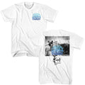 White Bruce Brown Films t-shirt featuring Bruce Brown Search For Perfect Wave front and back design